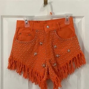 Kaboom Jeans, orange fringed denim shorts, size 9/10